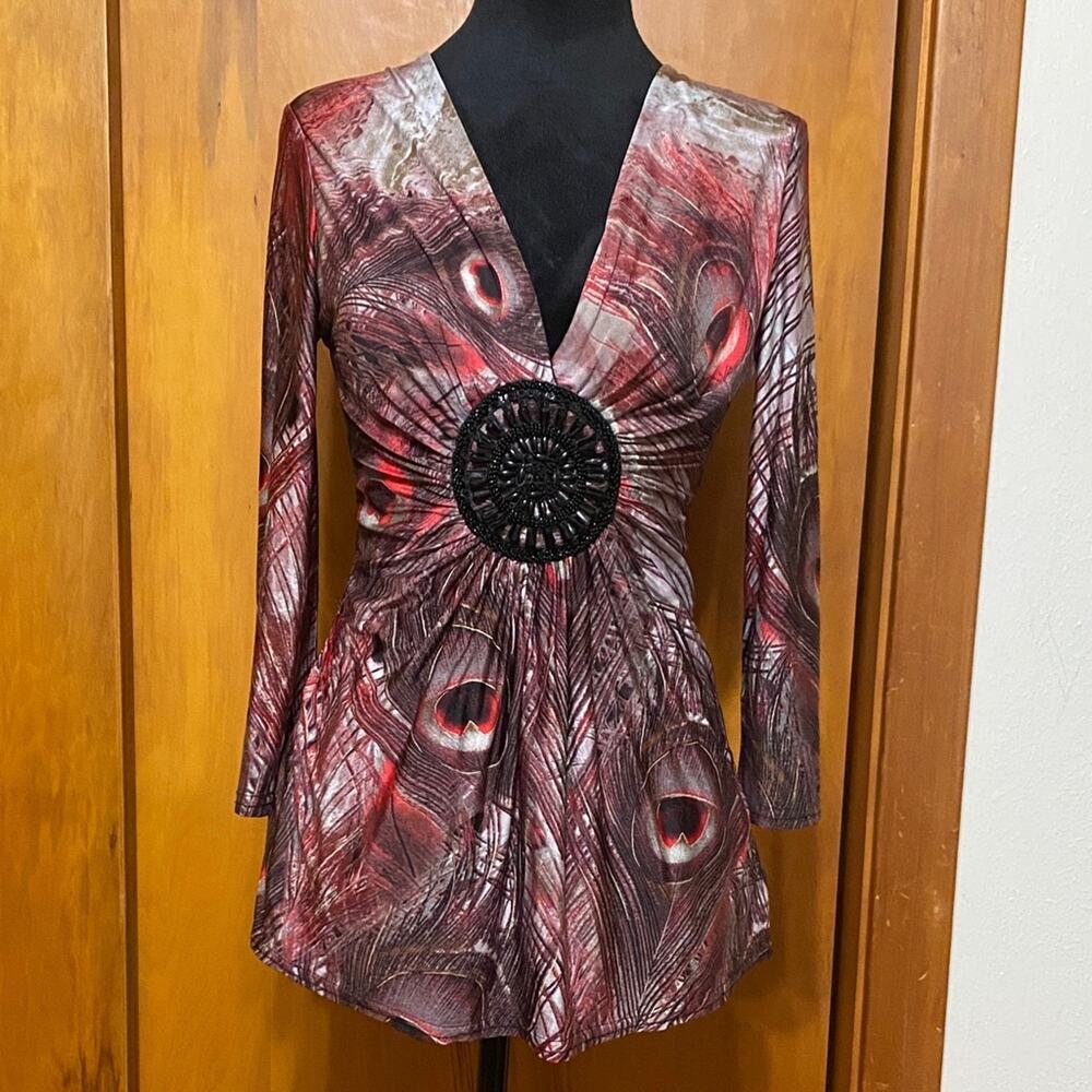Red Black Peacock Feather Print Stretch Top Gathered Waist Beaded Mob Wife